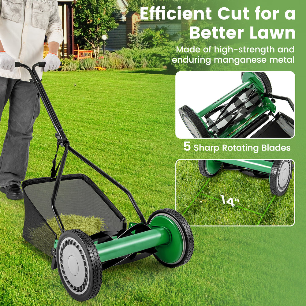 14-inch push lawn mower with 5 steel blades and grass catcher bag, designed for efficient grass cutting and easy.