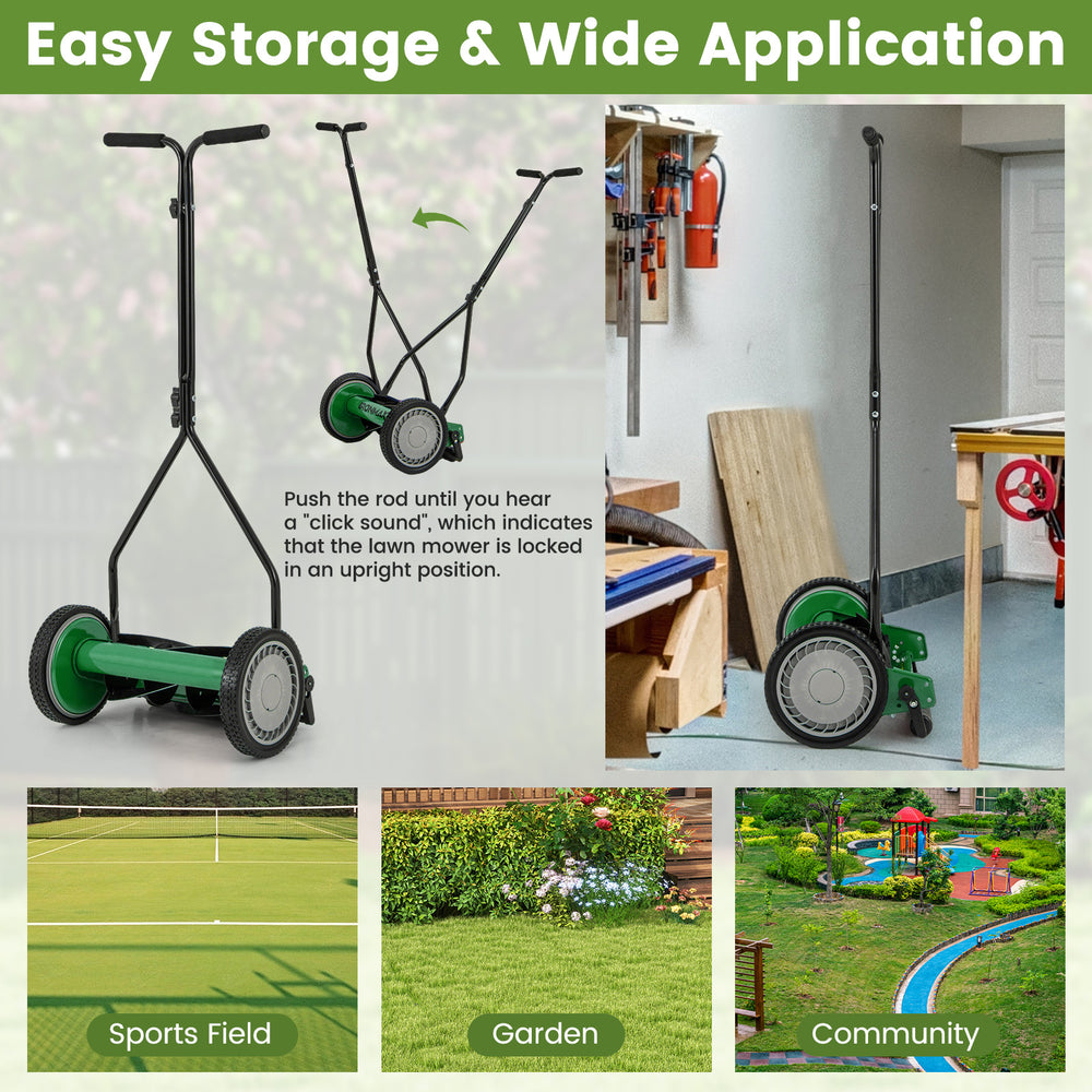 14-inch push lawn mower in green with 5 steel blades and detachable grass catcher, ideal for efficient lawn care.