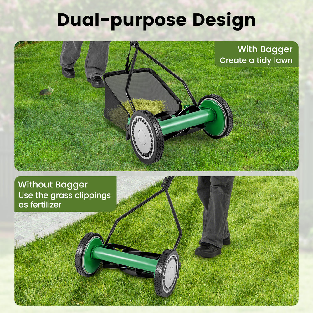 14-inch push lawn mower with 5 steel blades, shown with and without grass catcher bag for versatile lawn care.