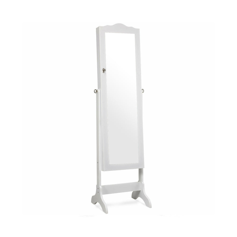 Full-length mirror jewelry armoire in white with LED lights, featuring lockable storage and four tilting angles for.