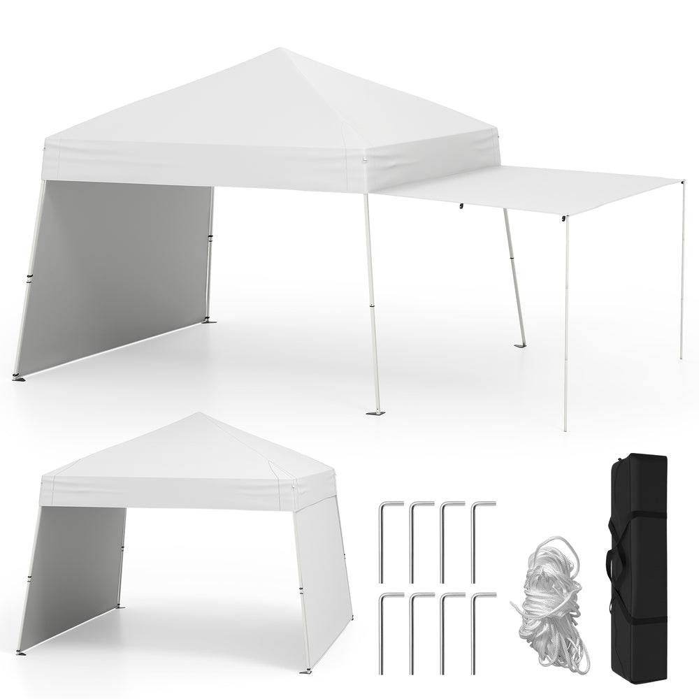 Pop up canopy tent with two sidewalls, white oxford fabric, and adjustable height for outdoor events and sun protection.