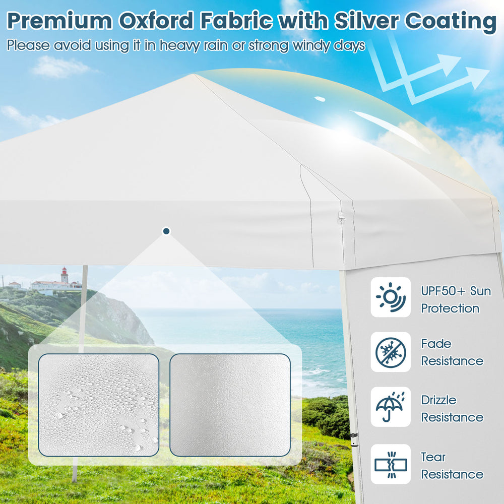Pop-up canopy tent with silver-coated Oxford fabric, offering UPF50+ sun protection and fade resistance for outdoor.