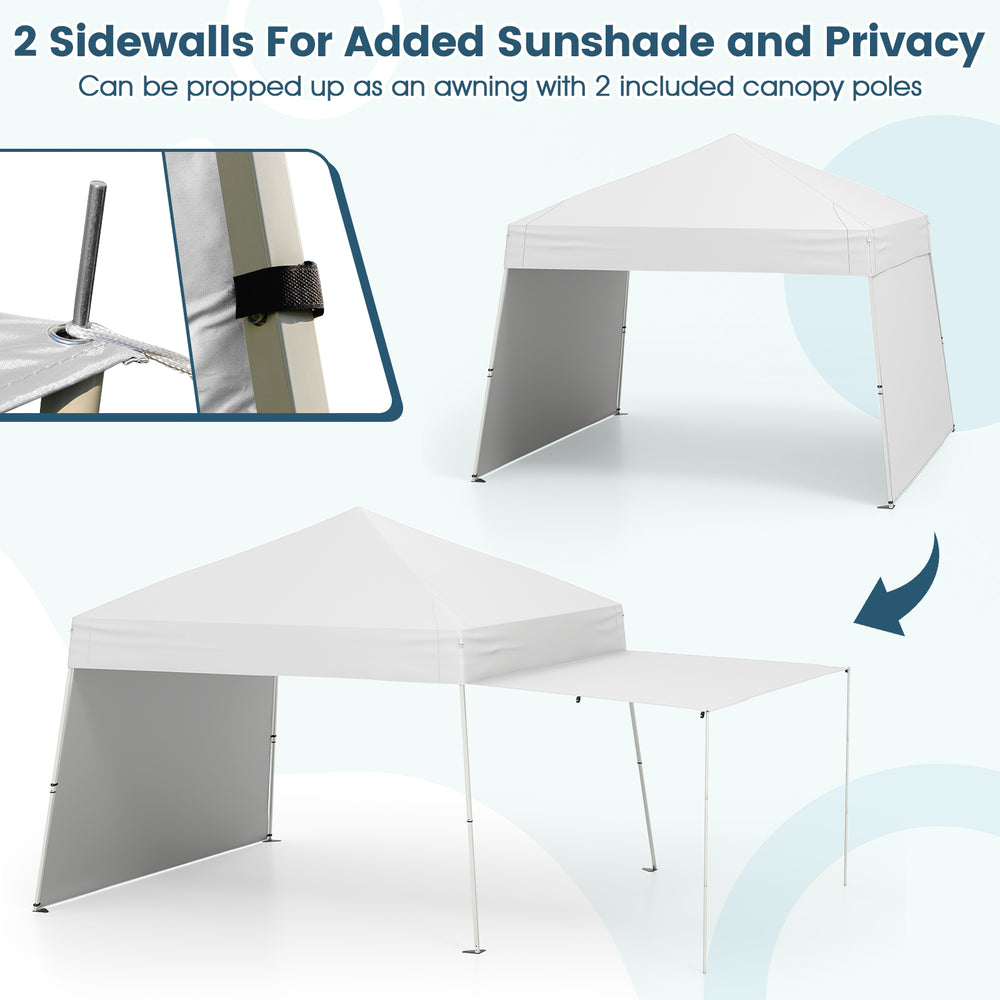 Pop-up canopy tent with 2 sidewalls for sun protection, featuring a white oxford canopy and adjustable height for.