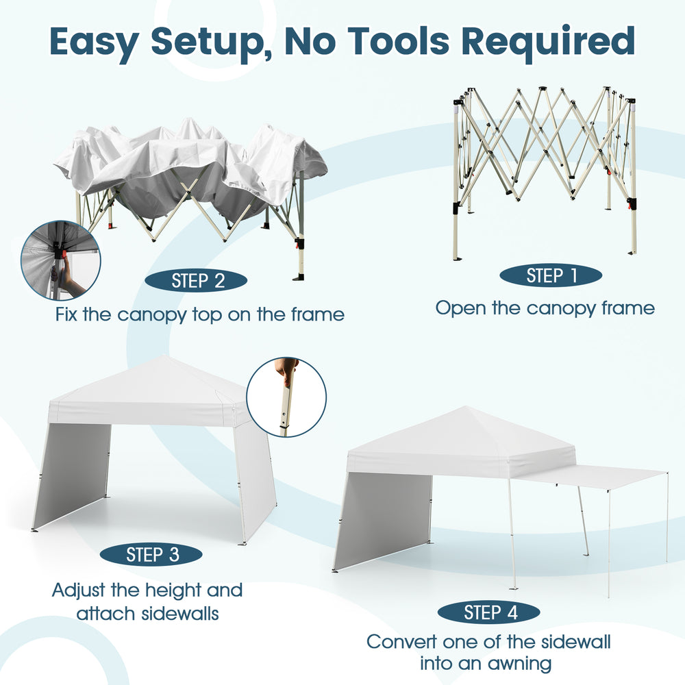 Pop-up canopy tent with white oxford fabric, adjustable height, and two sidewalls for sun protection and easy setup.