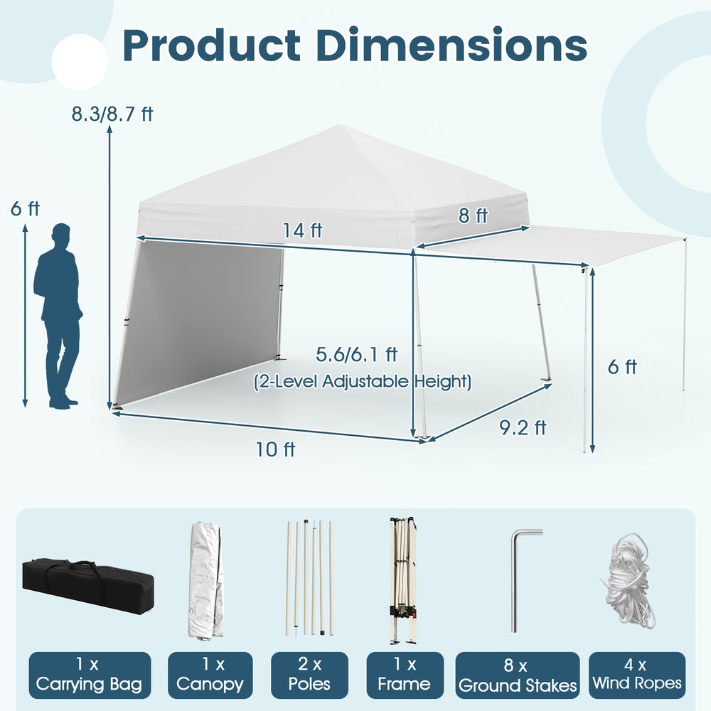 14 x 9.2 feet white pop-up canopy tent with adjustable height, two sidewalls, and included stakes for outdoor events.