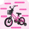 14-inch kids bike in pink with front basket, dual brake system, adjustable seat, and removable training wheels for ages.