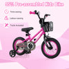 14-inch kids bike in pink with front basket, adjustable seat, dual brakes, and removable training wheels for ages 4-5.