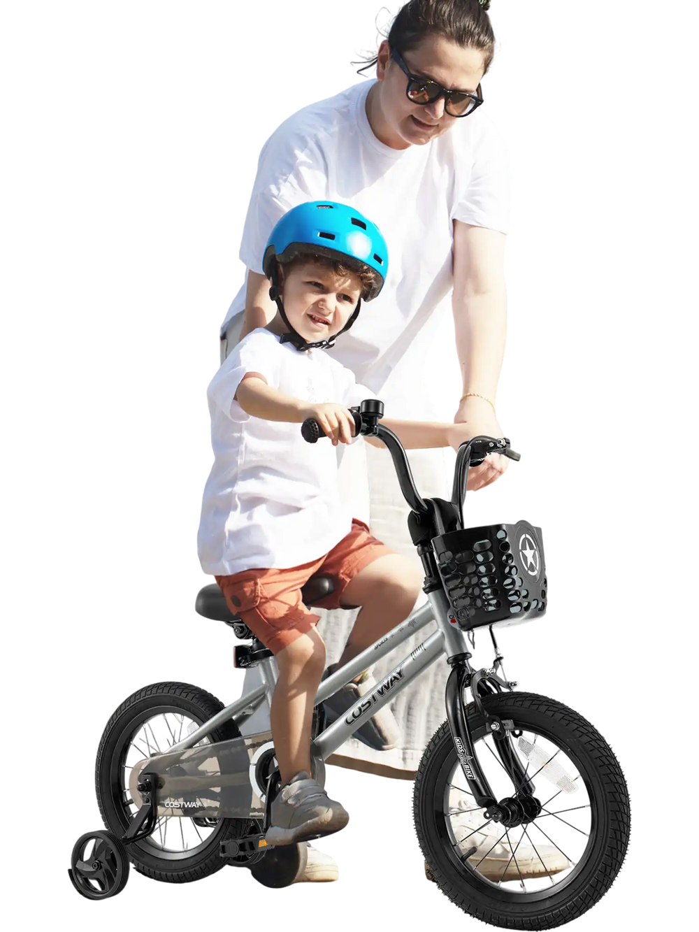 14-inch kids bike with adjustable seat, dual brake system, and training wheels for children aged 4-5 years, outdoors.