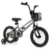 14-inch kids bike in silver with adjustable seat, dual brakes, and removable training wheels for ages 4-5.