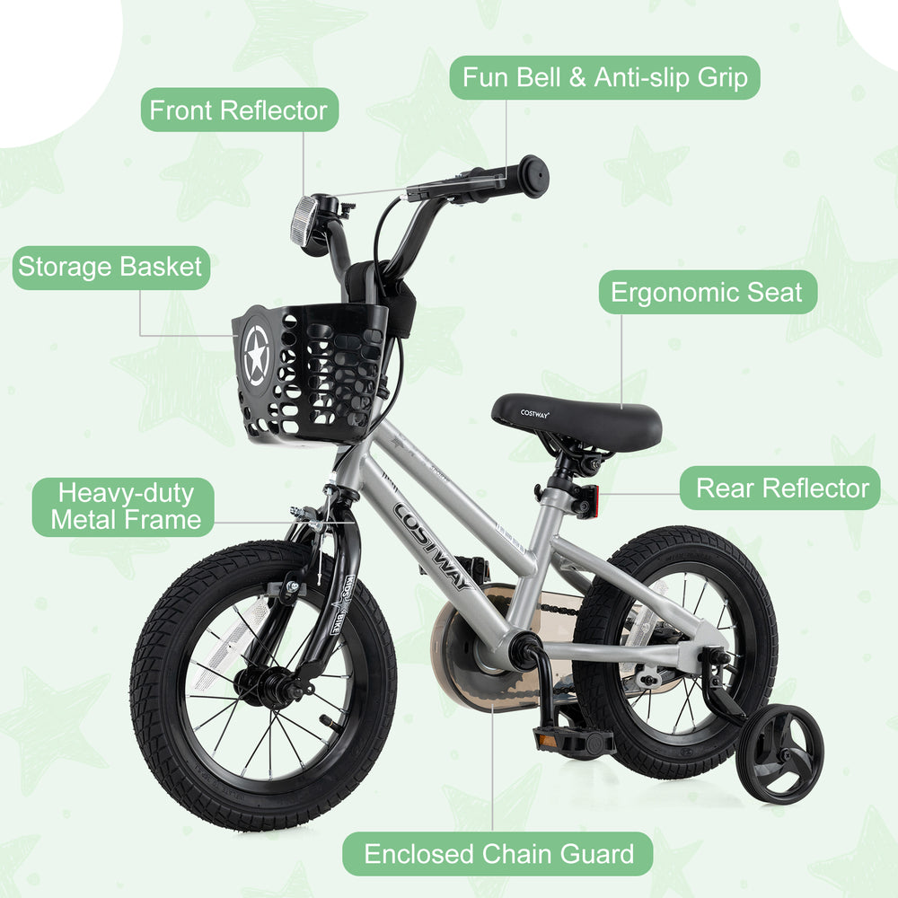 14-inch kids bike featuring a front storage basket, fun bell, and anti-slip grip for secure riding enjoyment.