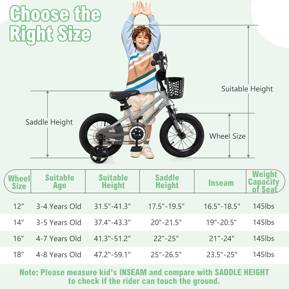 14-inch kids bike with adjustable seat, dual brake system, and removable training wheels for ages 4-5 years.