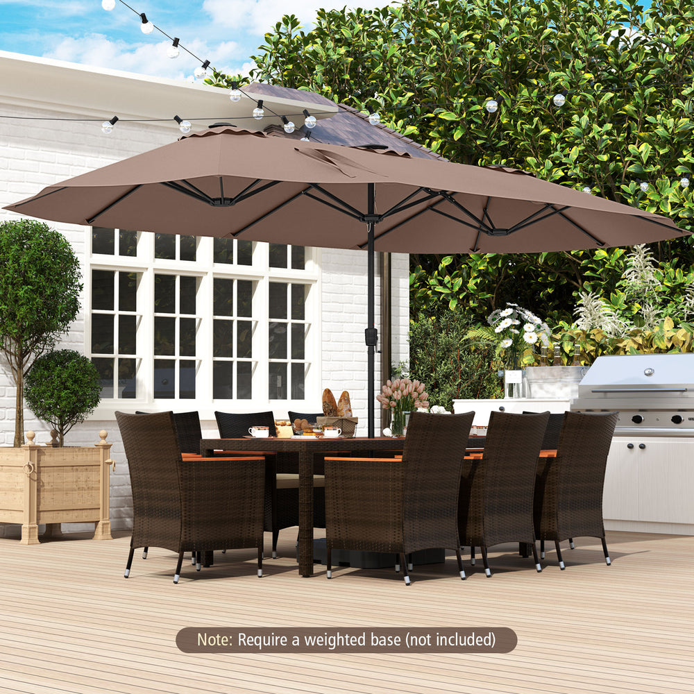 15.5 ft extra-large patio umbrella with LED solar lights, double-sided design, and crank handle for outdoor shade.