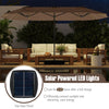 15.5 ft brown patio umbrella with solar-powered LED lights, double-sided design, and crank handle for easy operation.