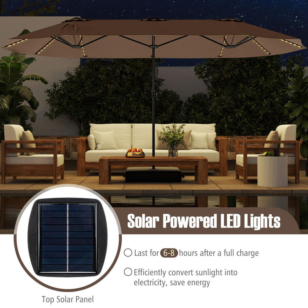 15.5 ft brown patio umbrella with solar-powered LED lights, double-sided design, and crank handle for easy operation.