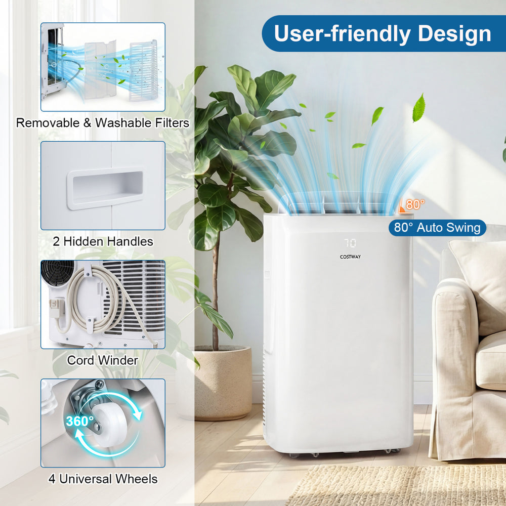Portable air conditioner with 80° auto-swing, removable filters, and universal wheels for easy mobility and efficient.
