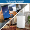 Smart WiFi enabled portable air conditioner with remote control, showcasing its sleek design and user-friendly app.