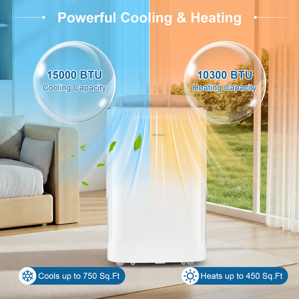 15000 BTU inverter portable air conditioner in white, cooling and heating unit for large spaces with smart WiFi control.
