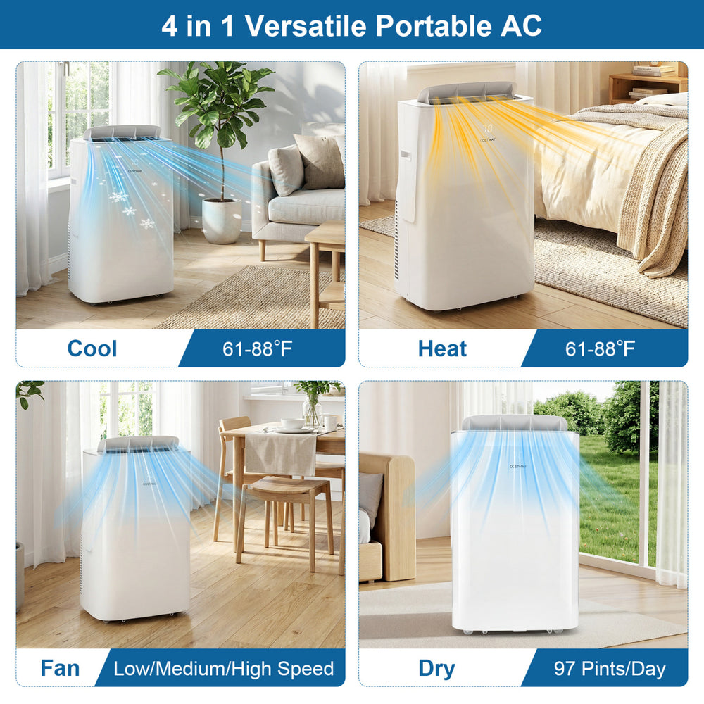 Portable air conditioner with cooling, heating, and fan modes, featuring smart WiFi control and efficient energy use.
