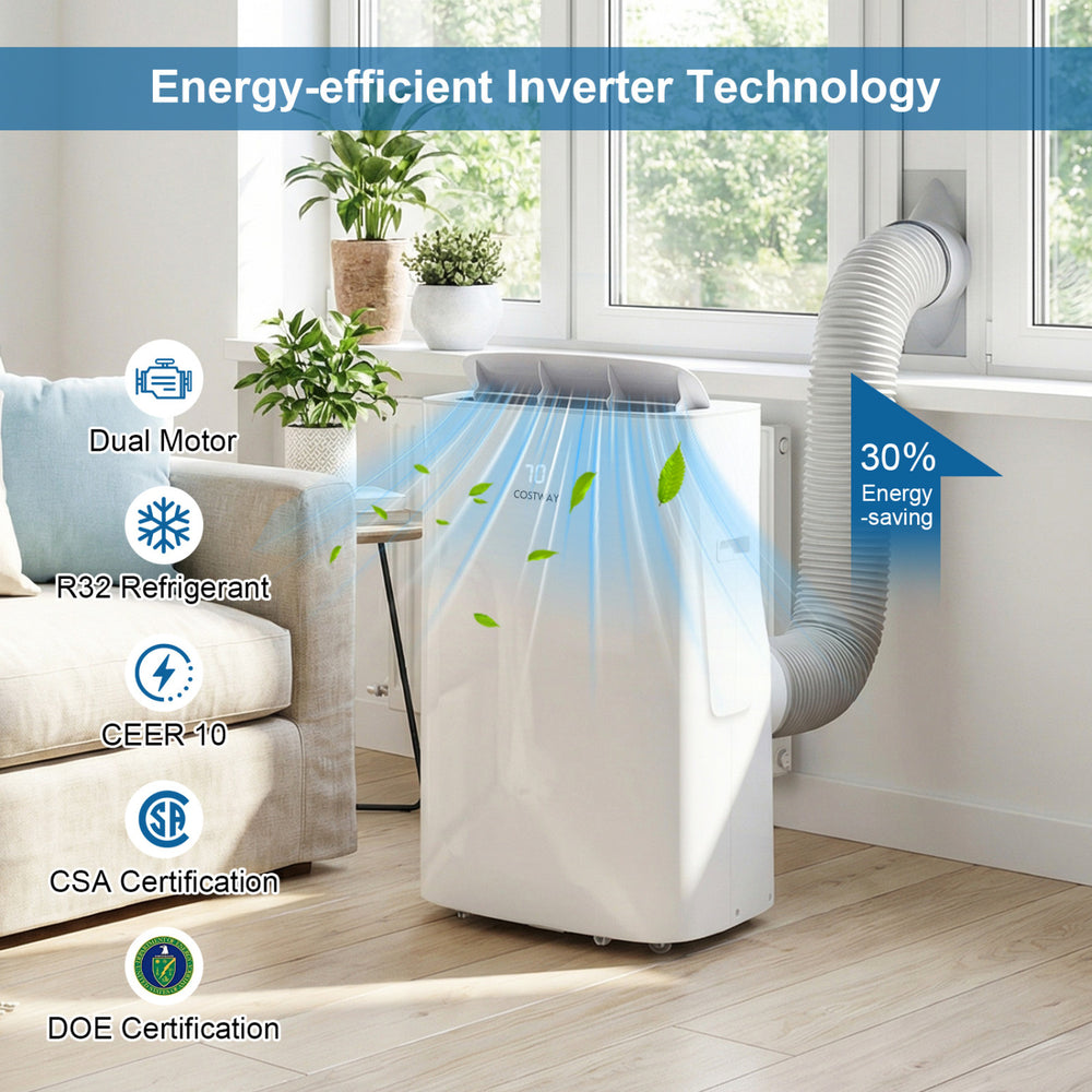 15000 BTU inverter portable air conditioner in white with smart WiFi, showcasing energy-efficient cooling and heating.