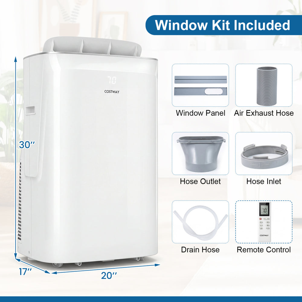 15000 BTU inverter portable air conditioner in white with window kit, remote control, and LED display for efficient.