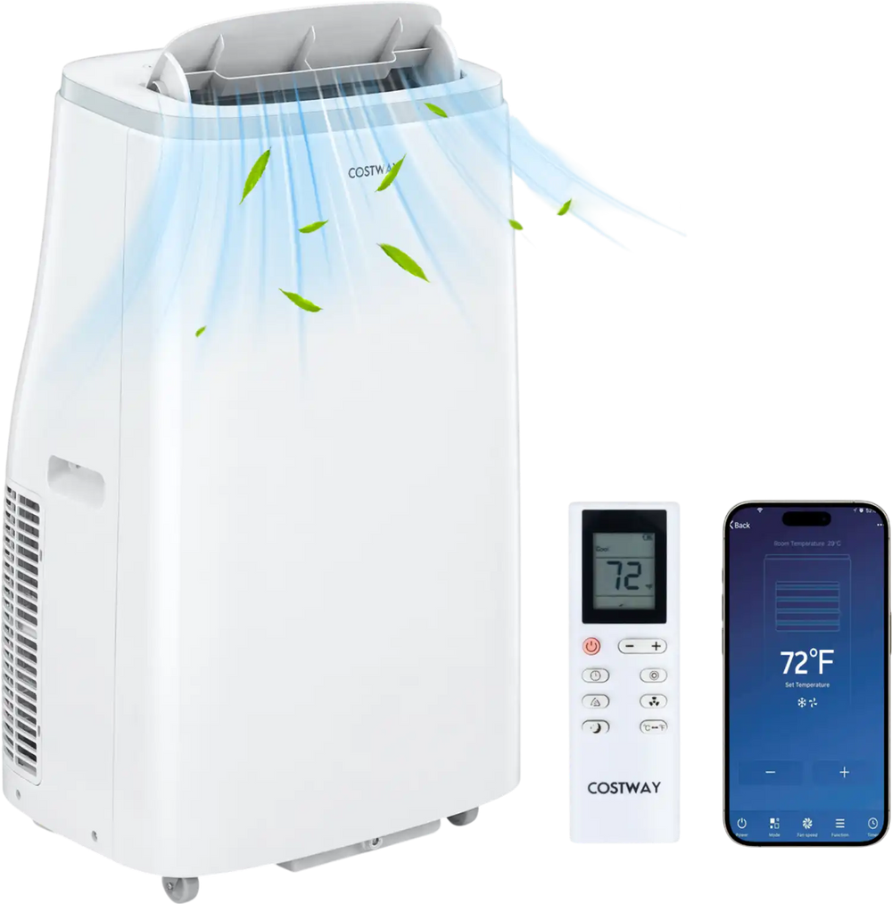 15000 BTU portable air conditioner in white with APP control, remote, and oscillation for efficient cooling in large.