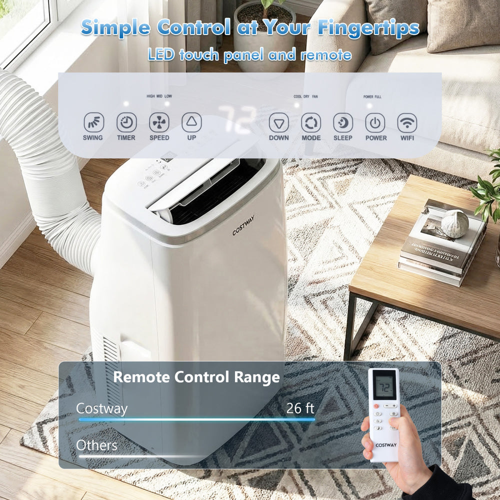 15000 BTU portable air conditioner with LED touch panel and remote, ideal for cooling areas up to 750 sq.ft.