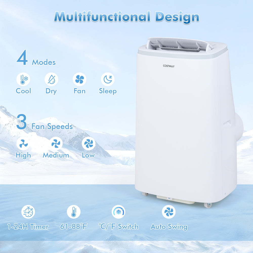 15000 BTU portable air conditioner in white, featuring 4 modes, 3 fan speeds, and WiFi control for efficient cooling.