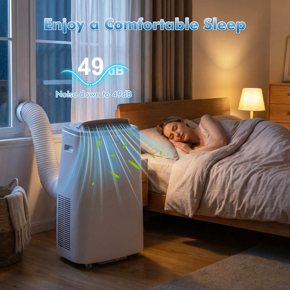 Portable air conditioner in a bedroom, featuring 15000 BTU cooling, low noise operation, and WiFi control for.