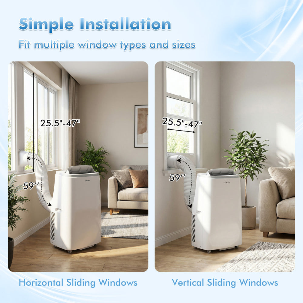 15000 BTU portable air conditioner shown with installation options for horizontal and vertical sliding windows.