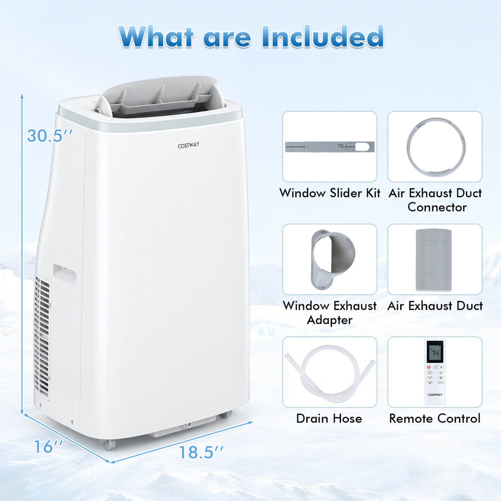 15000 BTU portable air conditioner in white, featuring WiFi control, remote, and window installation kit for versatile.