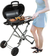 Portable propane BBQ grill with wheels, 15,000 BTU burner, and side shelf, perfect for outdoor cooking and easy.