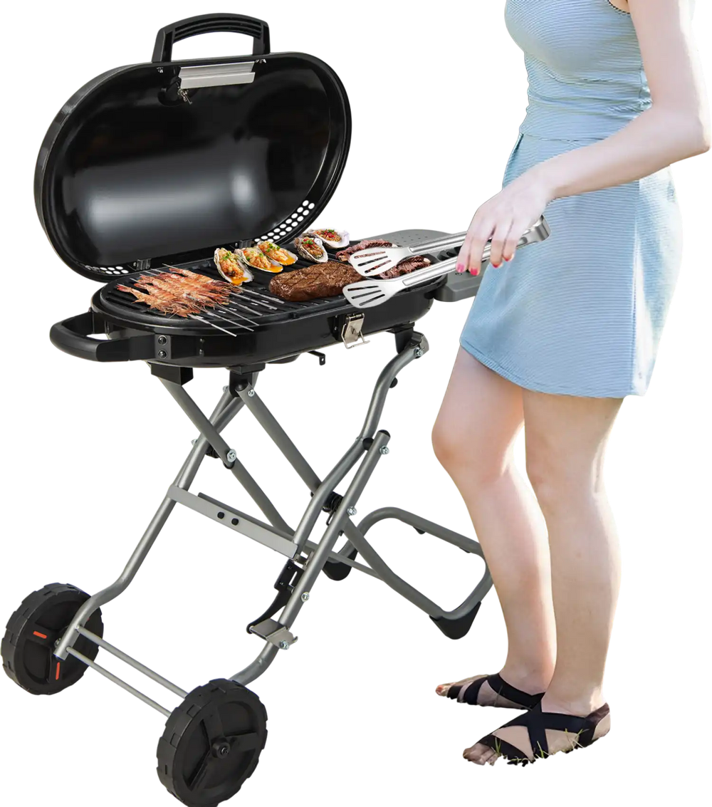 Portable propane BBQ grill with wheels, 15,000 BTU burner, and side shelf, perfect for outdoor cooking and easy.