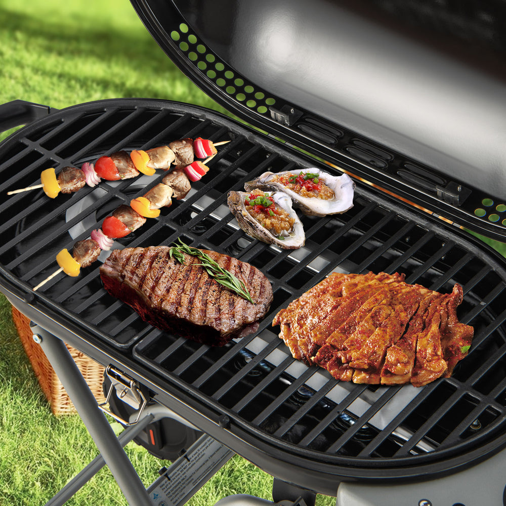 Portable propane BBQ grill with 15,000 BTU burner, featuring steaks, kebabs, and oysters on the cooking grills.