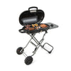 Portable propane BBQ grill with 15,000 BTU burner, side shelf, and wheels for easy transportation and cooking.