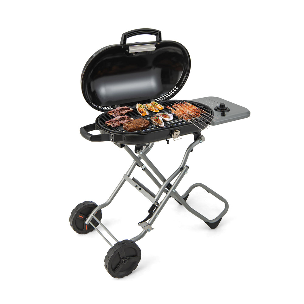 Portable propane BBQ grill with 15,000 BTU burner, side shelf, and wheels for easy transportation and cooking.