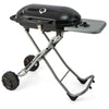 Portable propane BBQ grill with wheels, 15,000 BTU stainless steel burner, and side shelf for easy food preparation.
