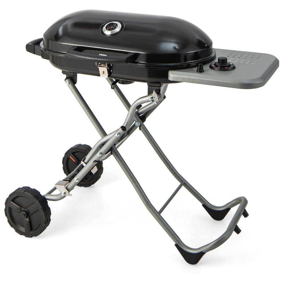 Portable propane BBQ grill with wheels, 15,000 BTU stainless steel burner, and side shelf for easy food preparation.