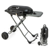 Portable black propane BBQ grill with wheels, side shelf, and 15,000 BTU burner for efficient outdoor cooking.