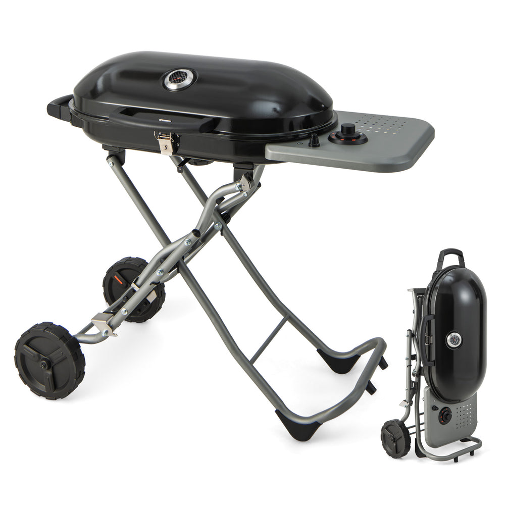 Portable black propane BBQ grill with wheels, side shelf, and 15,000 BTU burner for efficient outdoor cooking.