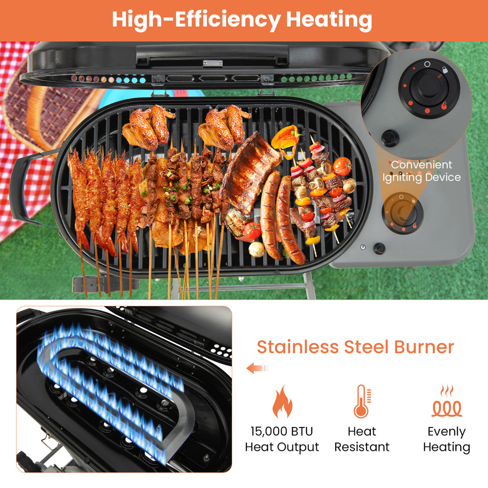 Portable propane BBQ grill with 15,000 BTU stainless steel burner, side shelf, and wheels for easy transportation.