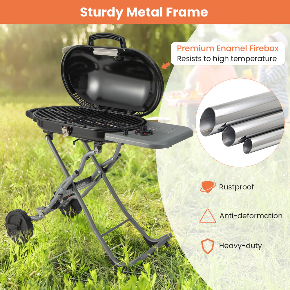 Portable propane BBQ grill with sturdy metal frame, 15,000 BTU burner, and side shelf for easy food preparation.