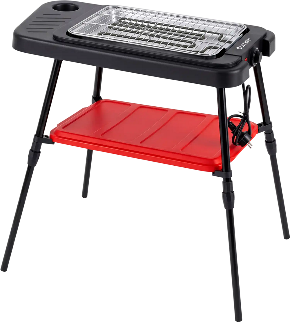 1500W 2-in-1 electric grill with adjustable height, detachable stand, and dual plates for versatile cooking on balconies.