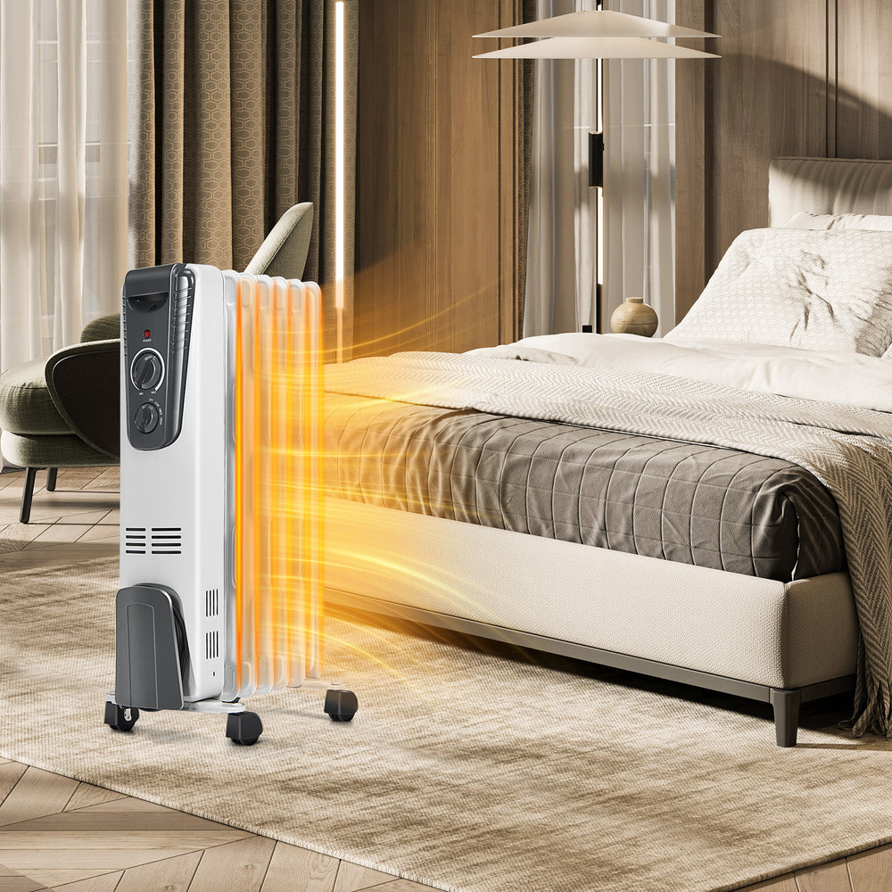 Electric space heater with 7 oil-filled slots, adjustable thermostat, and safety features for efficient room heating.