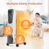 1500W electric space heater with adjustable thermostat, featuring 7 oil-filled slots and safety protections for.