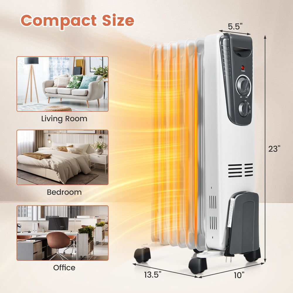 Compact 1500W electric space heater with adjustable thermostat, ideal for bedroom, living room, or office use.