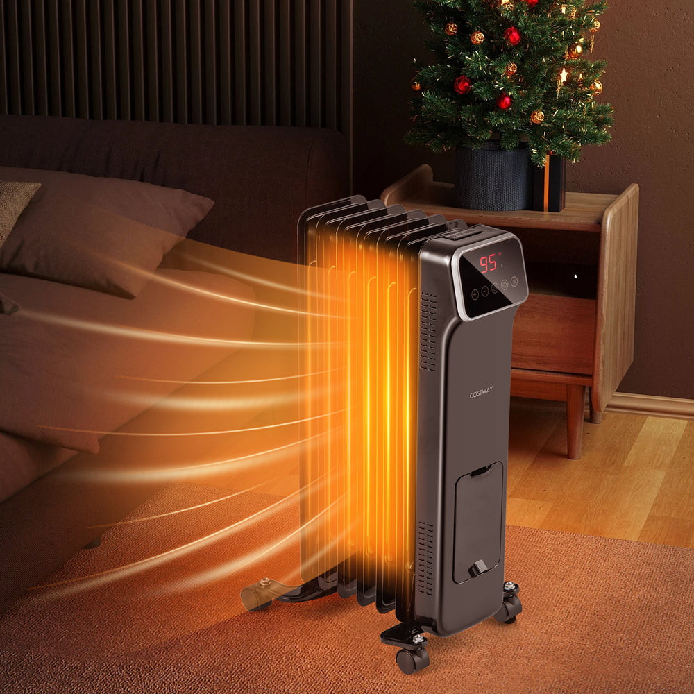 Oil-filled radiator heater in black with remote control, showcasing 360° heating for spaces up to 300 sq.ft.