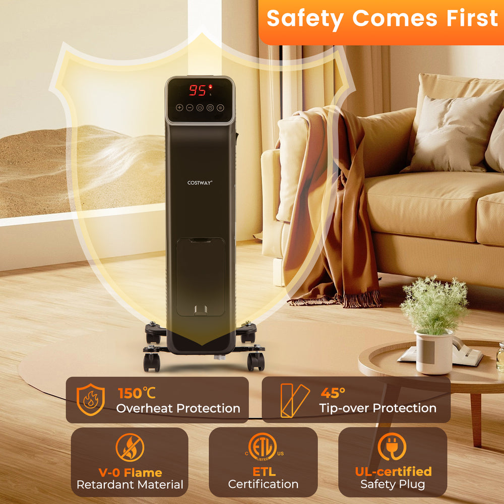 1500W oil-filled radiator heater in black with remote control, featuring tip-over and overheat protection for safe.