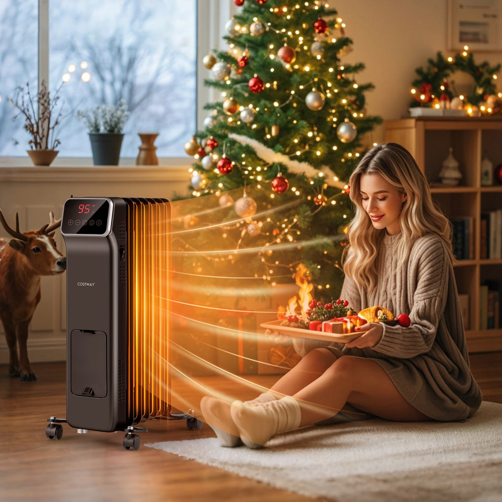 Oil filled radiator heater in black with remote control, providing efficient warmth for up to 300 sq.ft, perfect for.