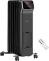 Oil filled radiator heater in black with remote control, featuring 3 heat settings and 24H timer for efficient heating.