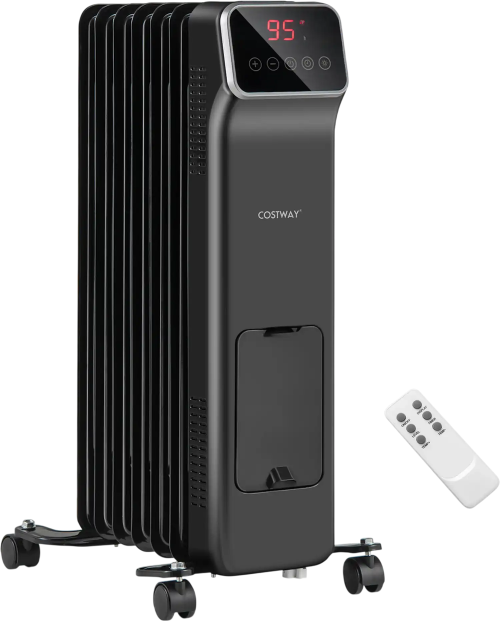 Oil filled radiator heater in black with remote control, featuring 3 heat settings and 24H timer for efficient heating.
